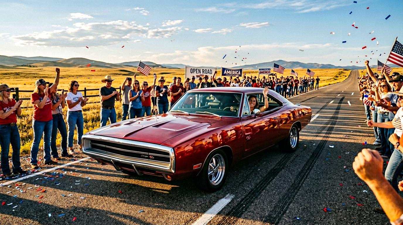 Rotes Vintage-Auto fährt auf Straße mit jubelnden Amerikanern