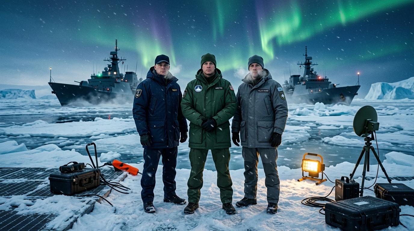 Drei Militärpersonen auf Eis mit Schiffen und Nordlichtern