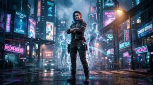 Frau in futuristischer Ausrüstung steht in regennasser Cyberpunk-Metropole
