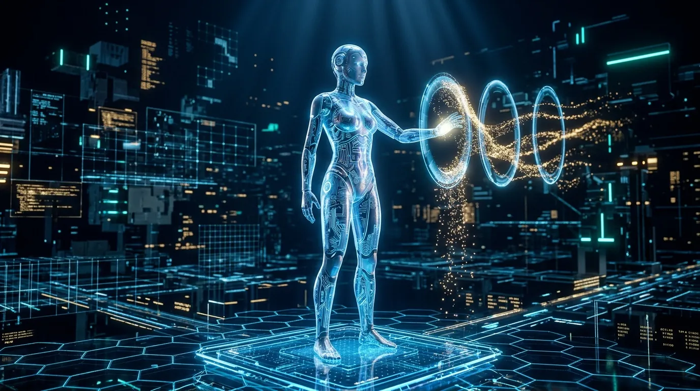 Leuchtender digitaler Körper mit holografischen Energieringen in Cyberstadt