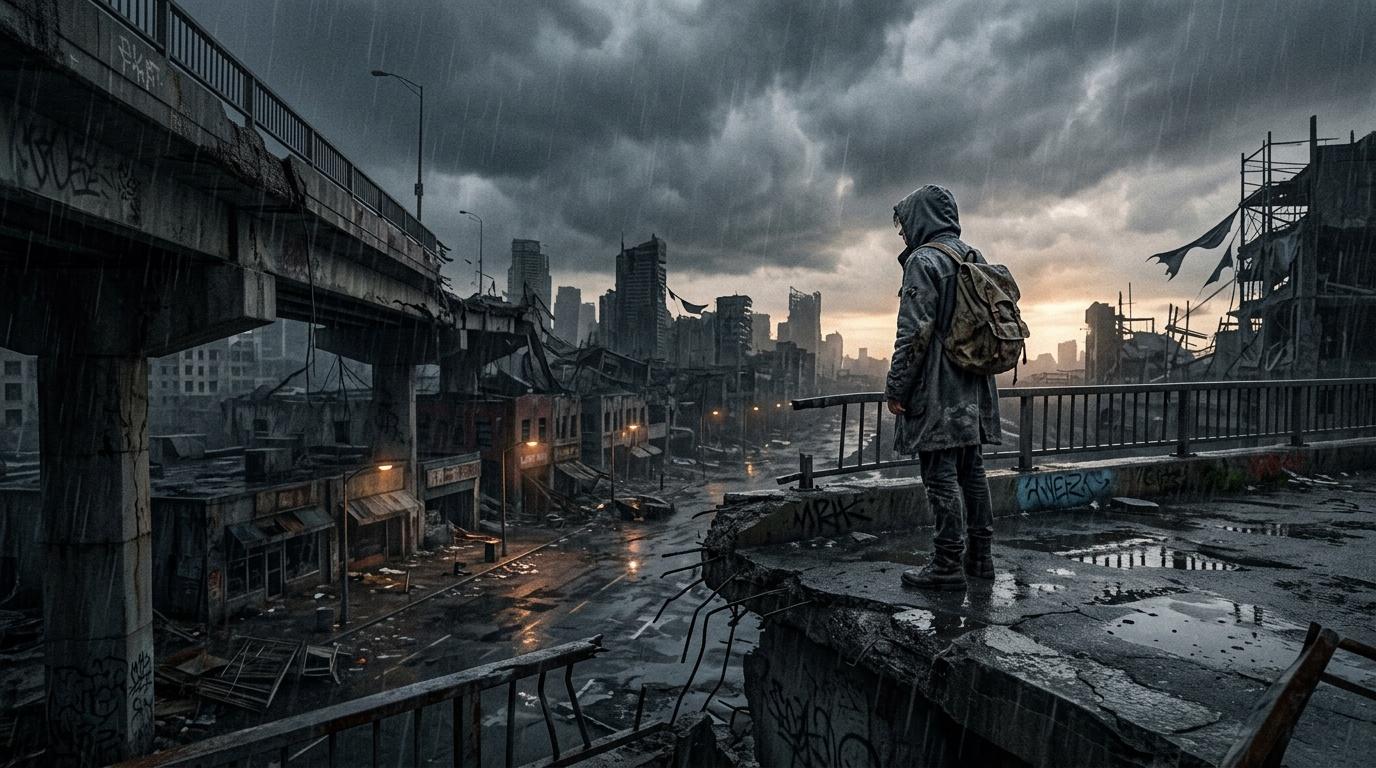 Figur mit Rucksack blickt auf verlassene, regnerische Ruinenstadt