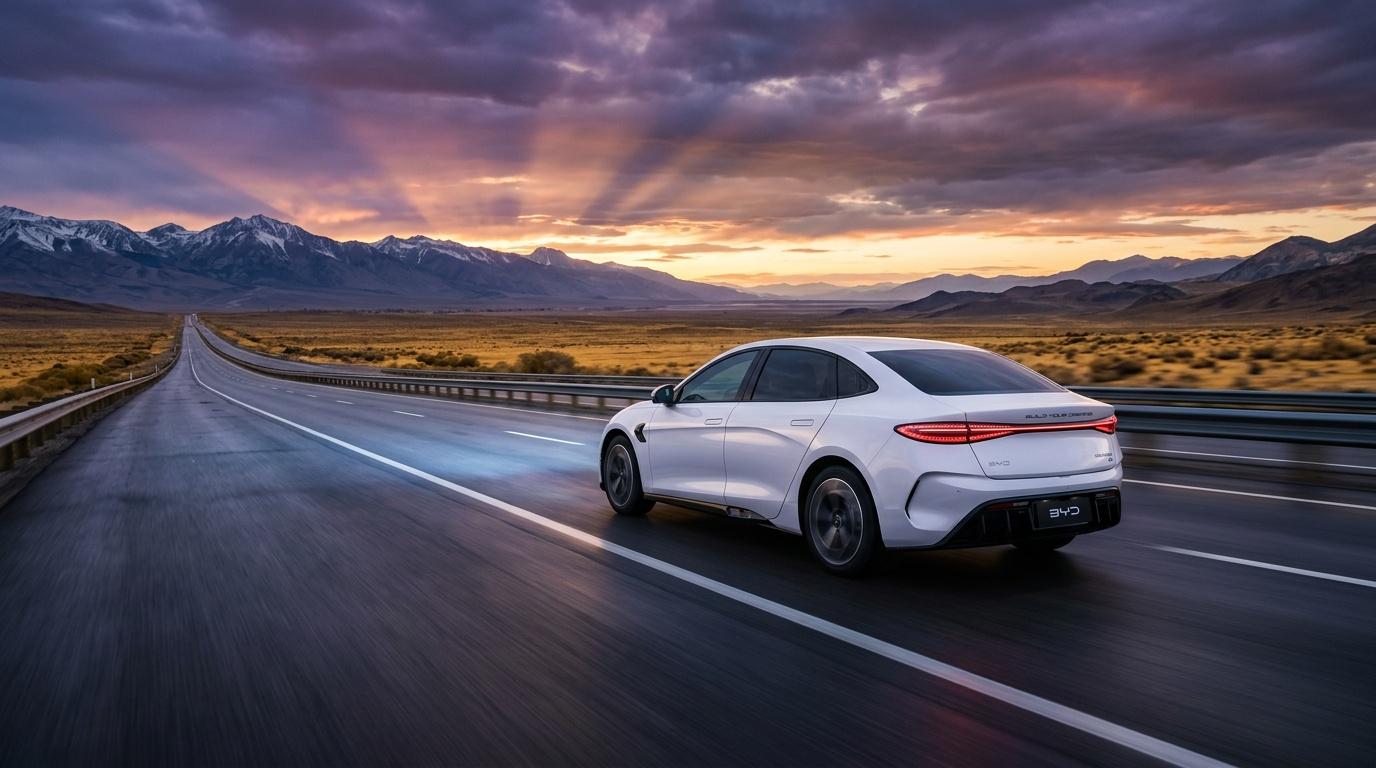 Weißes Elektroauto fährt auf Autobahn durch Berglandschaft