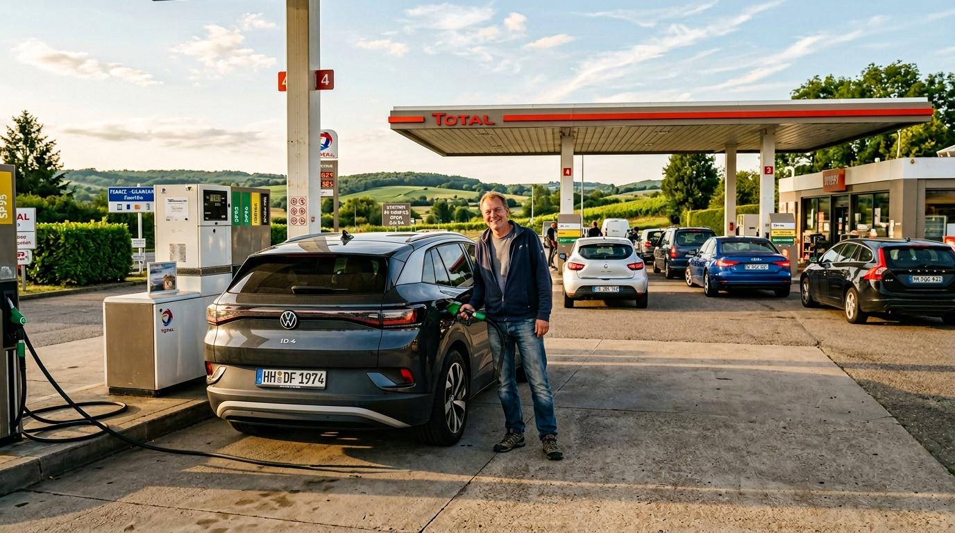 Mann lädt Volkswagen ID.4 an Ladesäule der Total-Tankstelle