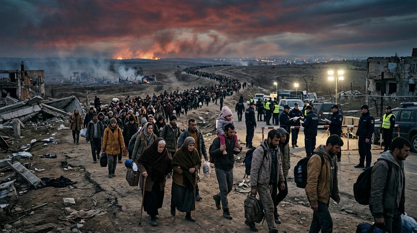 Große Menschengruppe flieht durch zerstörte Landschaft mit Bränden