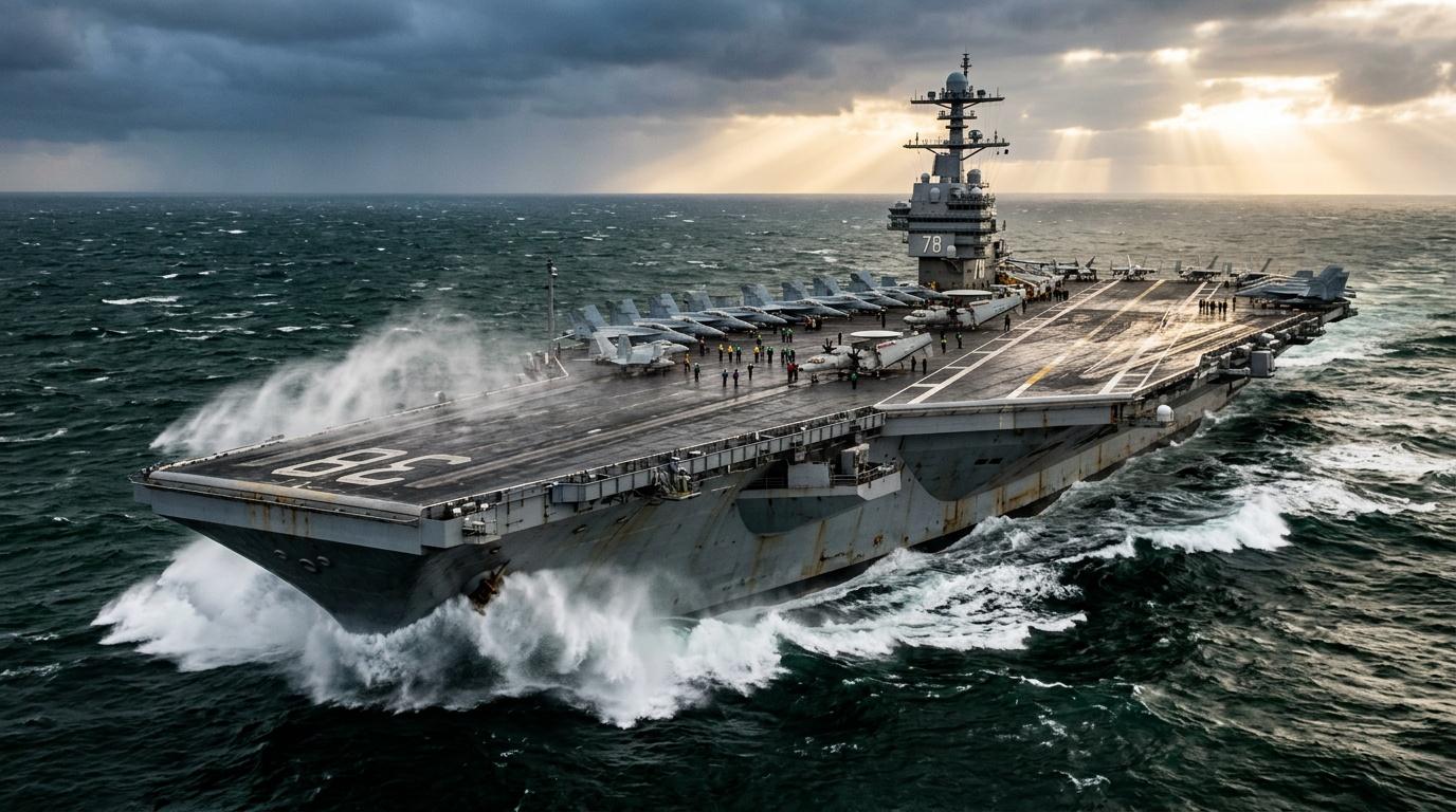 Kriegsschiff mit Flugzeugen kämpft gegen Wellen