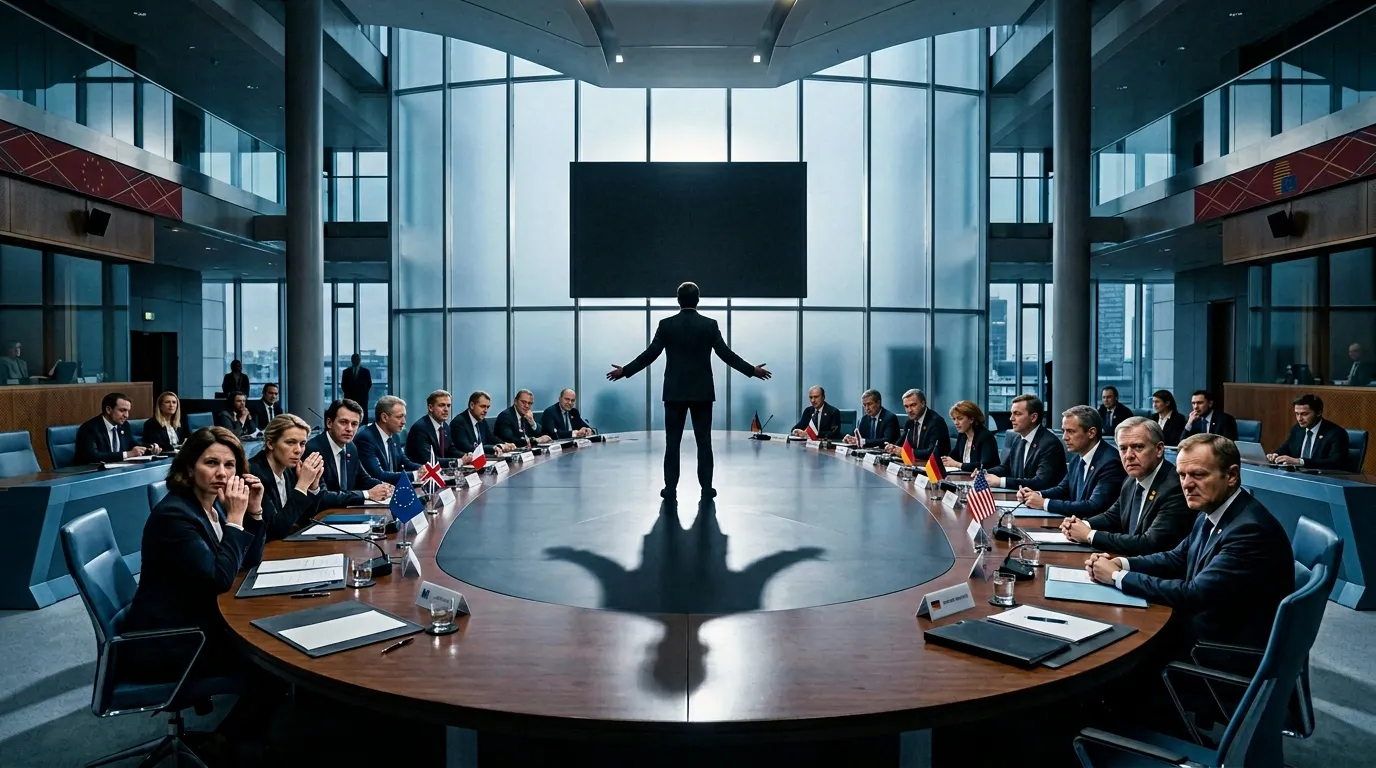 Geschäftsleute sitzen um Tisch, Person steht zentral präsentierend