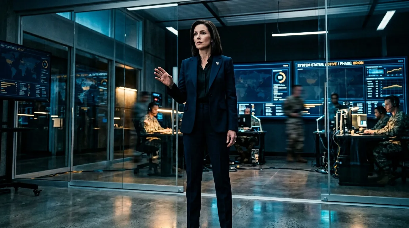 Frau in dunklem Anzug in modernem Kontrollraum mit Bildschirmen