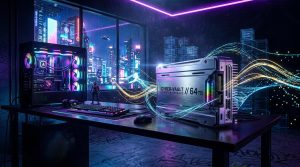 Neon-beleuchteter Gaming-PC mit Cyber-Vault Speicher in Cyberpunk-Umgebung