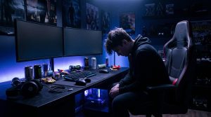 Junger Mann sitzt an Gaming-Desk mit Monitoren und Ausrüstung