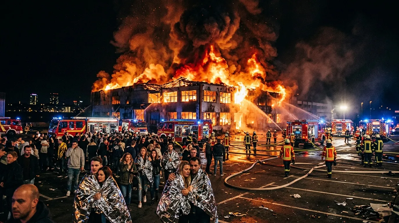 Feuerwehr bekämpft Großbrand an Gebäude in der Nacht
