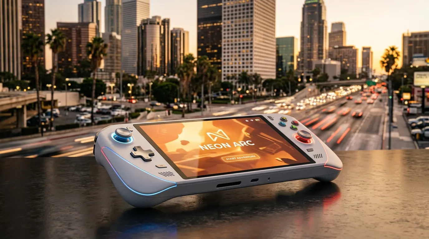 Tragbares Gaming-Gerät vor Stadtkulisse und Verkehr
