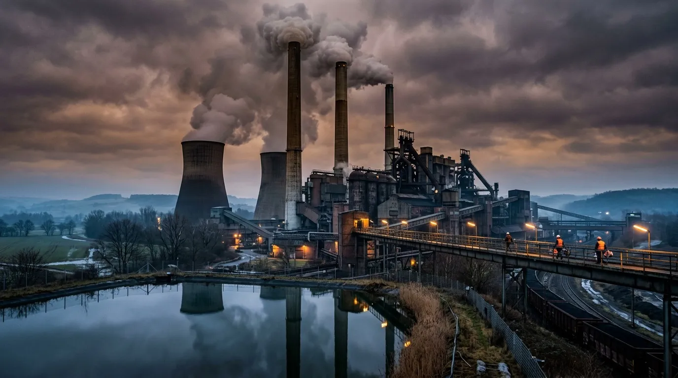 Stahlwerk mit Rauchfahnen und Reflexion im Wasser