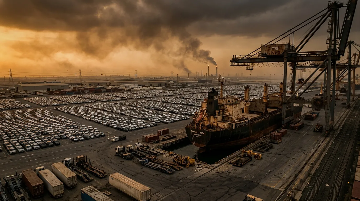 Großer Hafen mit Frachtschiffen, Kränen und tausenden parkierten Autos