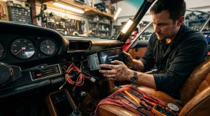 Mechaniker installiert Diagnosegerät in vintage Porsche Armaturenbrett