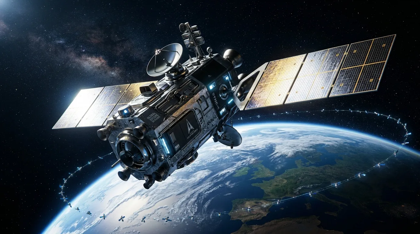 Satellit mit Solarpanelen umkreist die Erde im All