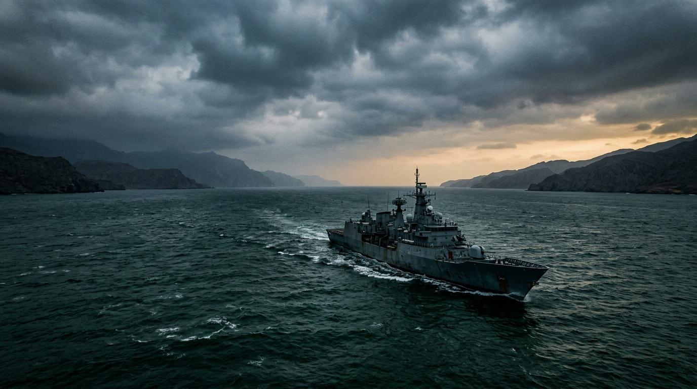 Marineschiff navigiert durch raue See zwischen Bergklippen