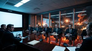 Geschäftsleute in Konferenzraum mit brennender Stadt im Hintergrund