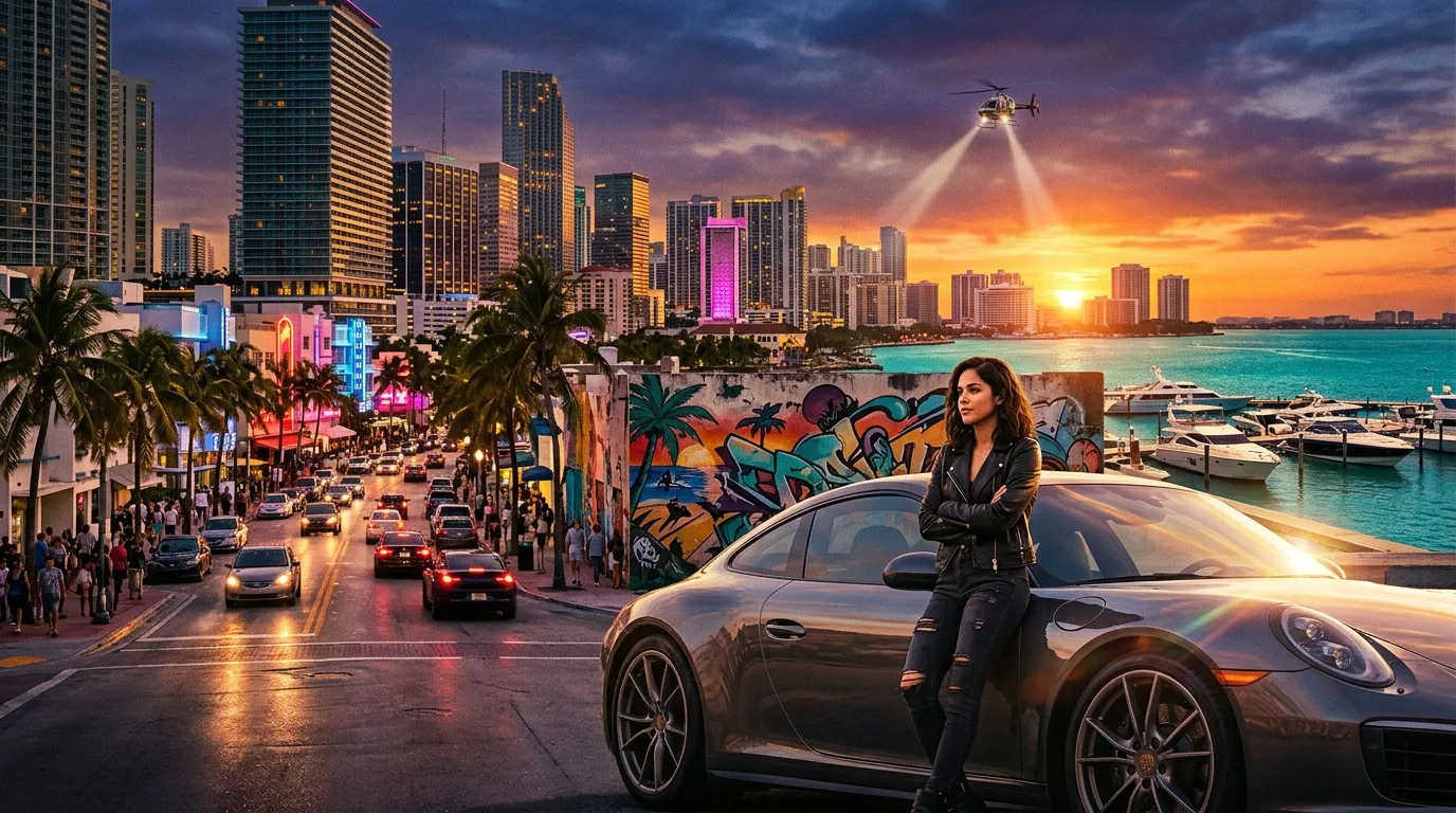 Frau neben Sportwagen mit Miami-Skyline und Sonnenuntergang
