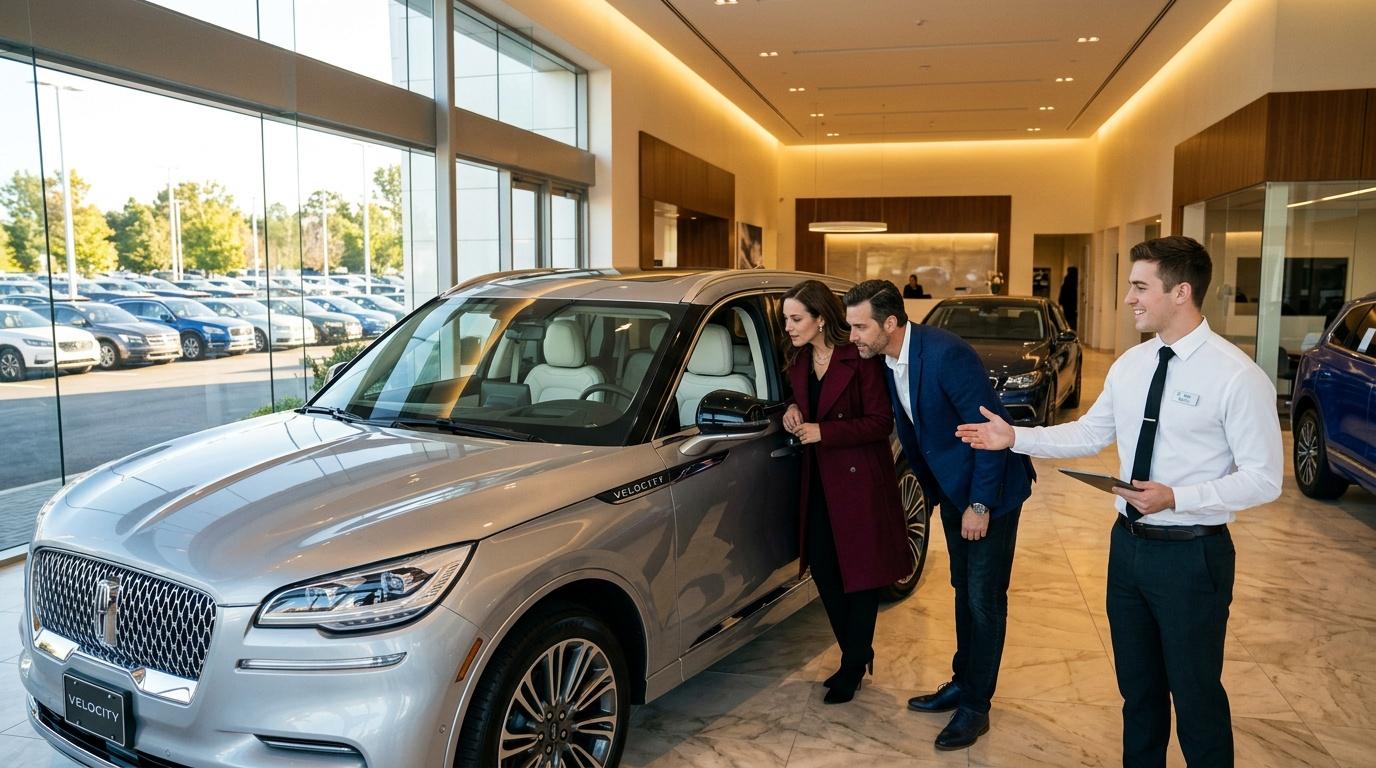 Verkäufer präsentiert Luxusfahrzeug Paar im modernen Autohaus