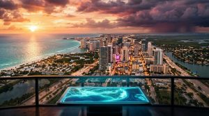 Hochhaus-Skyline von Miami bei Sonnenuntergang über dem Meer