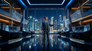 Geschäftsmann in modernem Büro mit Stadtblick nachts