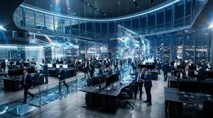 Großraumbüro mit Mitarbeitern und holografischen Datenvisualisierungen