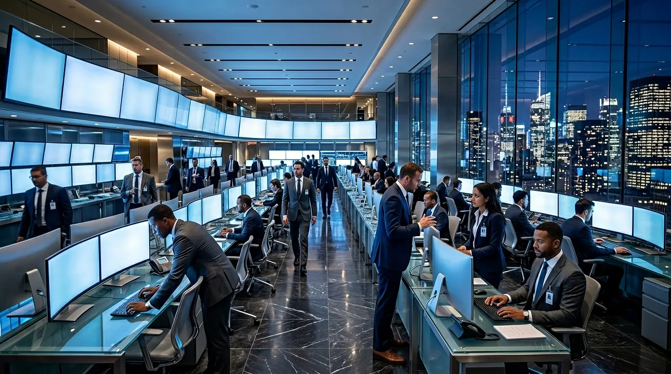 Geschäftsleute arbeiten in modernem Hochhaus-Büro mit Stadtblick