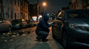 Mann knackt Auto nachts auf urbaner Straße