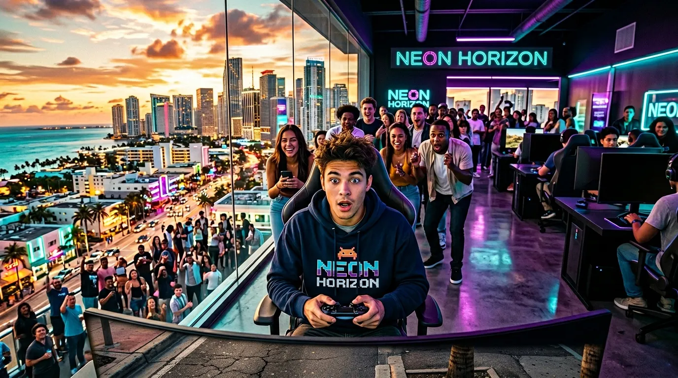 Gamer in futuristischem Gaming-Event mit Neon-Lichtern und Stadtblick