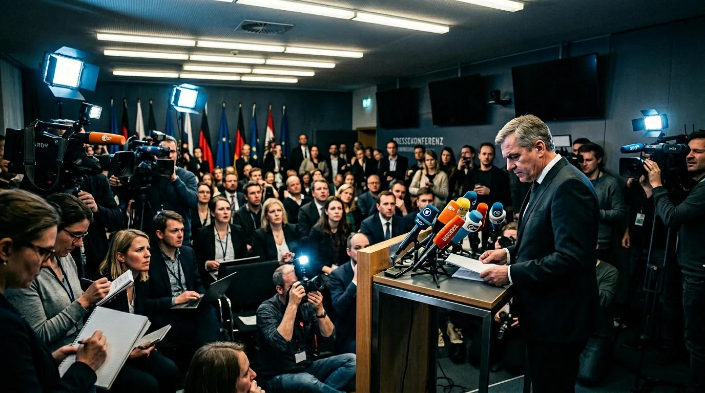 Politiker spricht bei Pressekonferenz vor Journalisten und Kameras