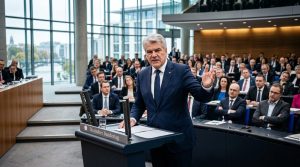 Politiker spricht vor versammeltem Bundestag in moderner Sitzungssaal