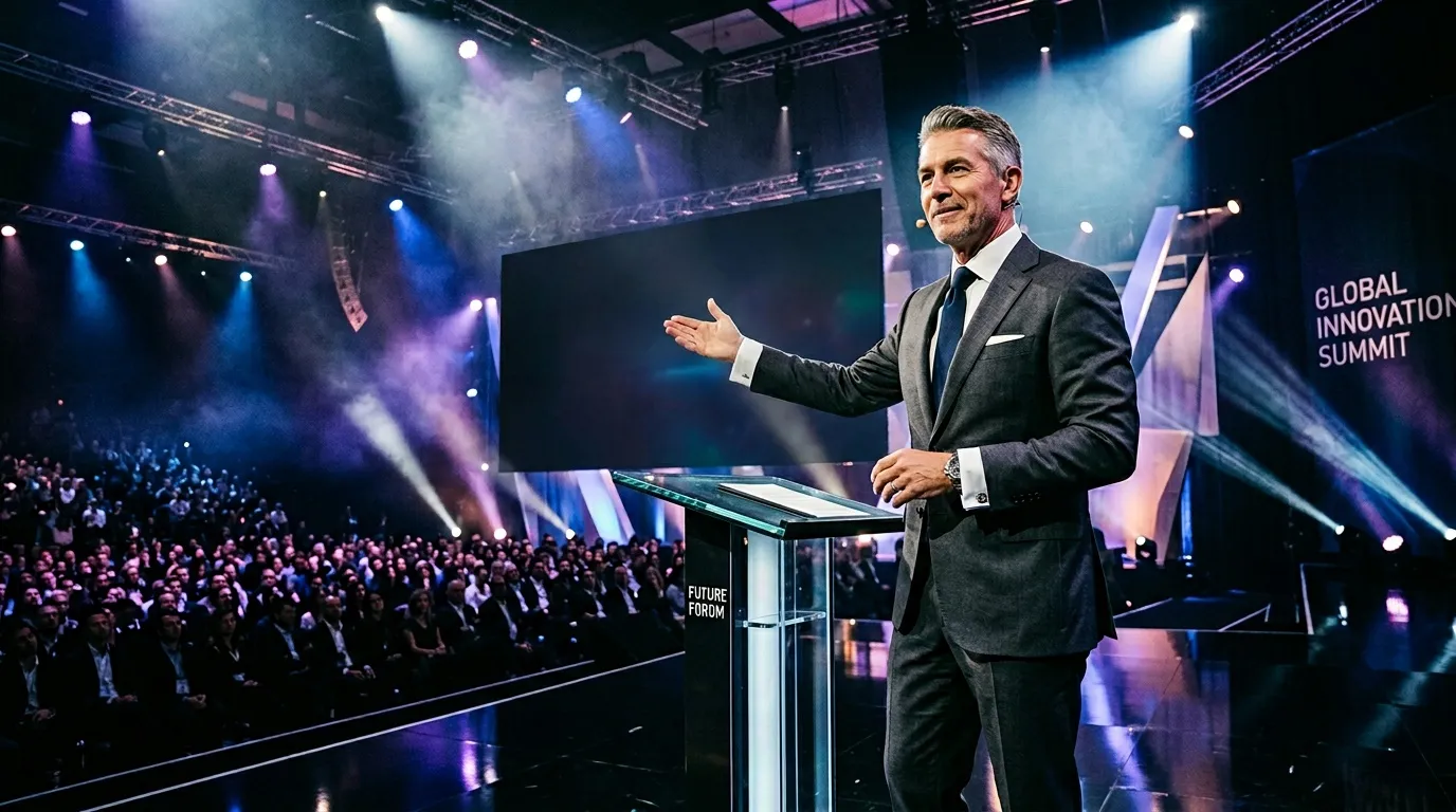 Geschäftsmann spricht vor großem Publikum auf Konferenz