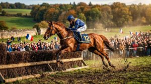 Französischer Springreiter auf Braunpferd springt über Holzhindernis