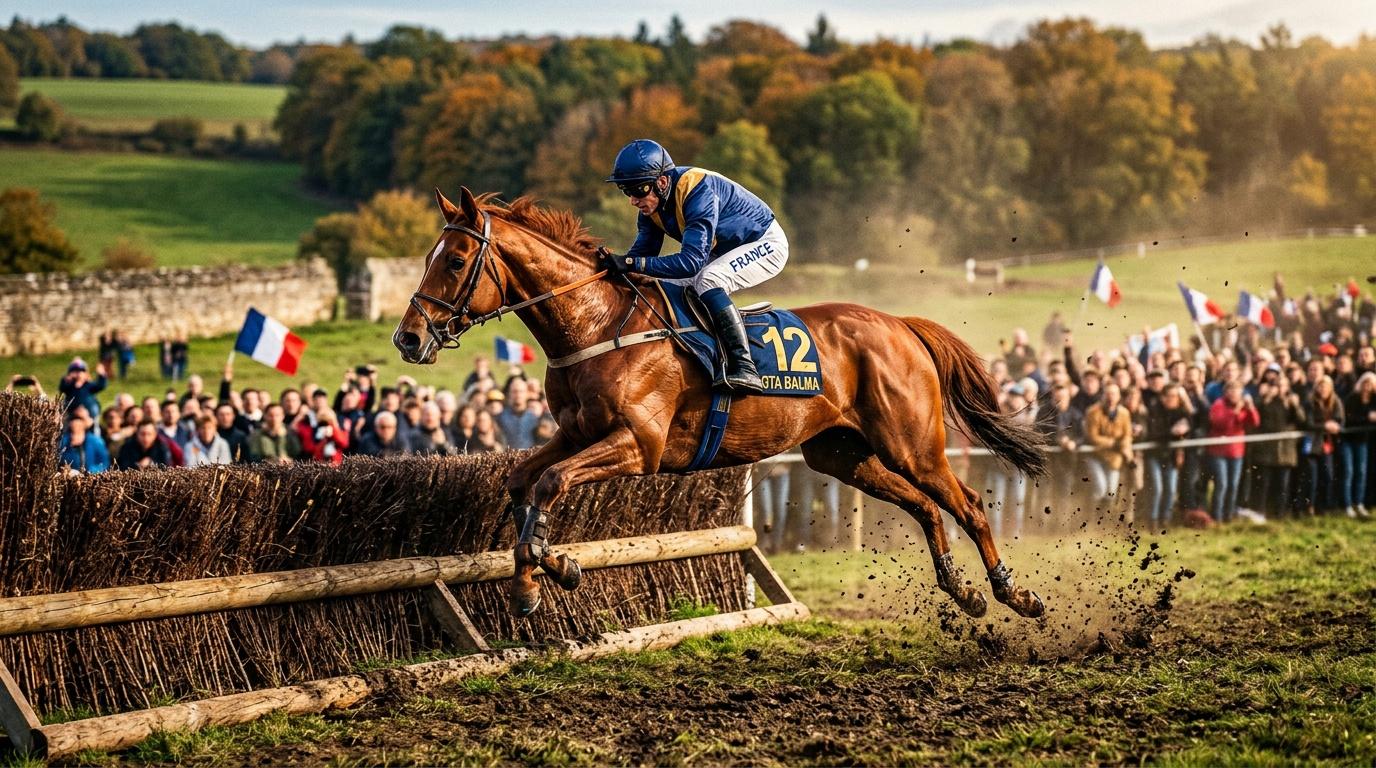 Französischer Springreiter auf Braunpferd springt über Holzhindernis