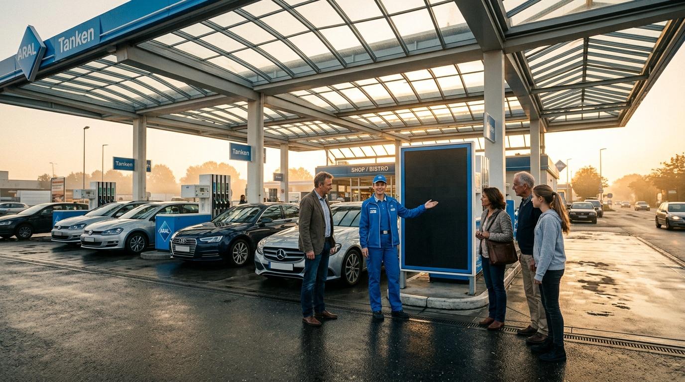 Gruppe besichtigt Aral-Tankstelle mit Fahrzeugen und Personal