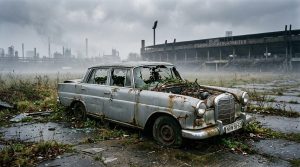 Rostiges, verlassenes Auto vor Stadium und Fabrik