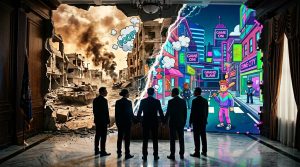 Fünf Männer in Anzügen blicken auf Bildschirm mit Spielwelt