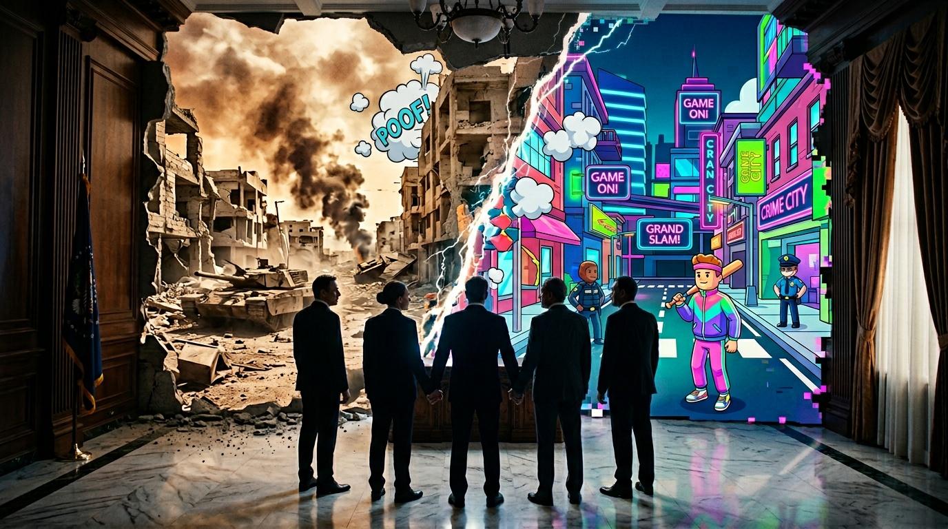 Fünf Männer in Anzügen blicken auf Bildschirm mit Spielwelt