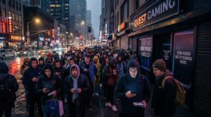 Große Menschenmenge wartet nachts vor Geschäft in der Stadt