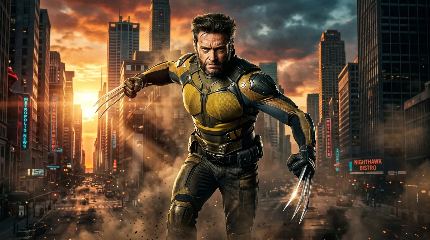 Superheld in gelbem Anzug mit Klauen in zerstörter Stadt