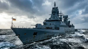 Deutscher Fregatte F122 navigiert durch stürmische Gewässer