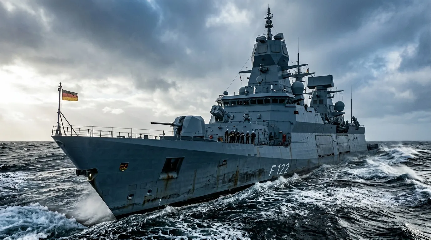Deutscher Fregatte F122 navigiert durch stürmische Gewässer
