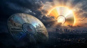 CD-ROM und DVD schweben über einer modernen Stadt bei Sonnenuntergang