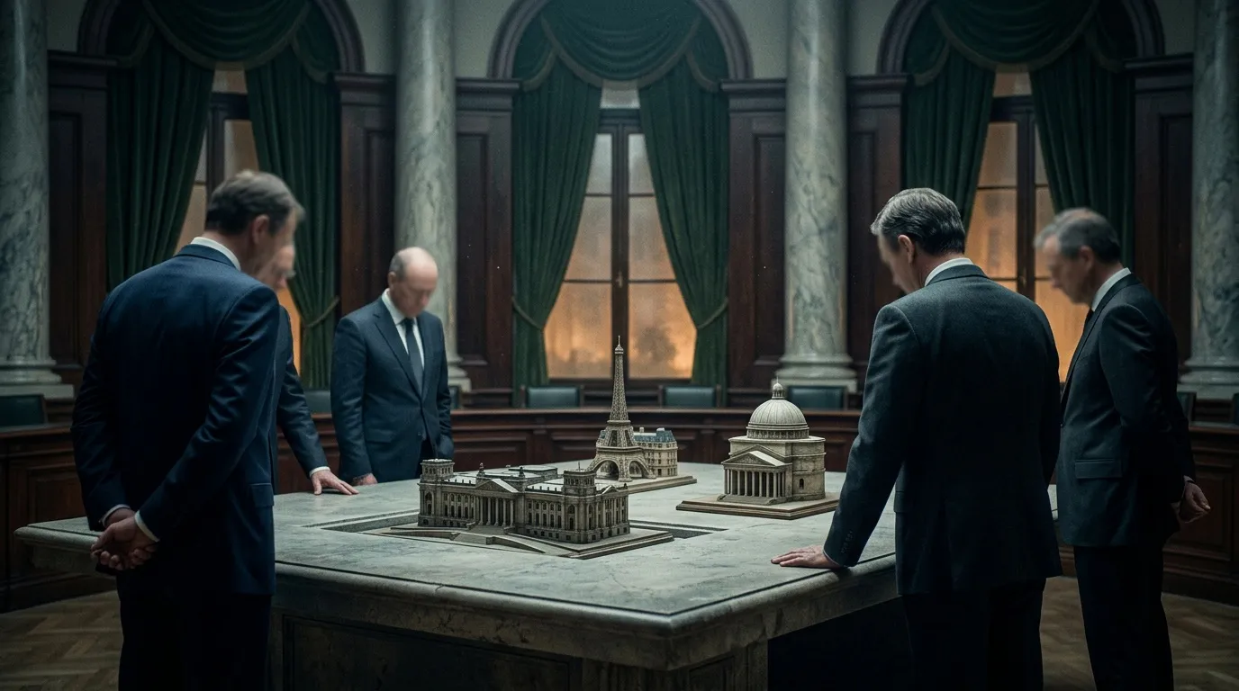 Fünf Männer in Anzügen betrachten Gebäudemodelle am Tisch.