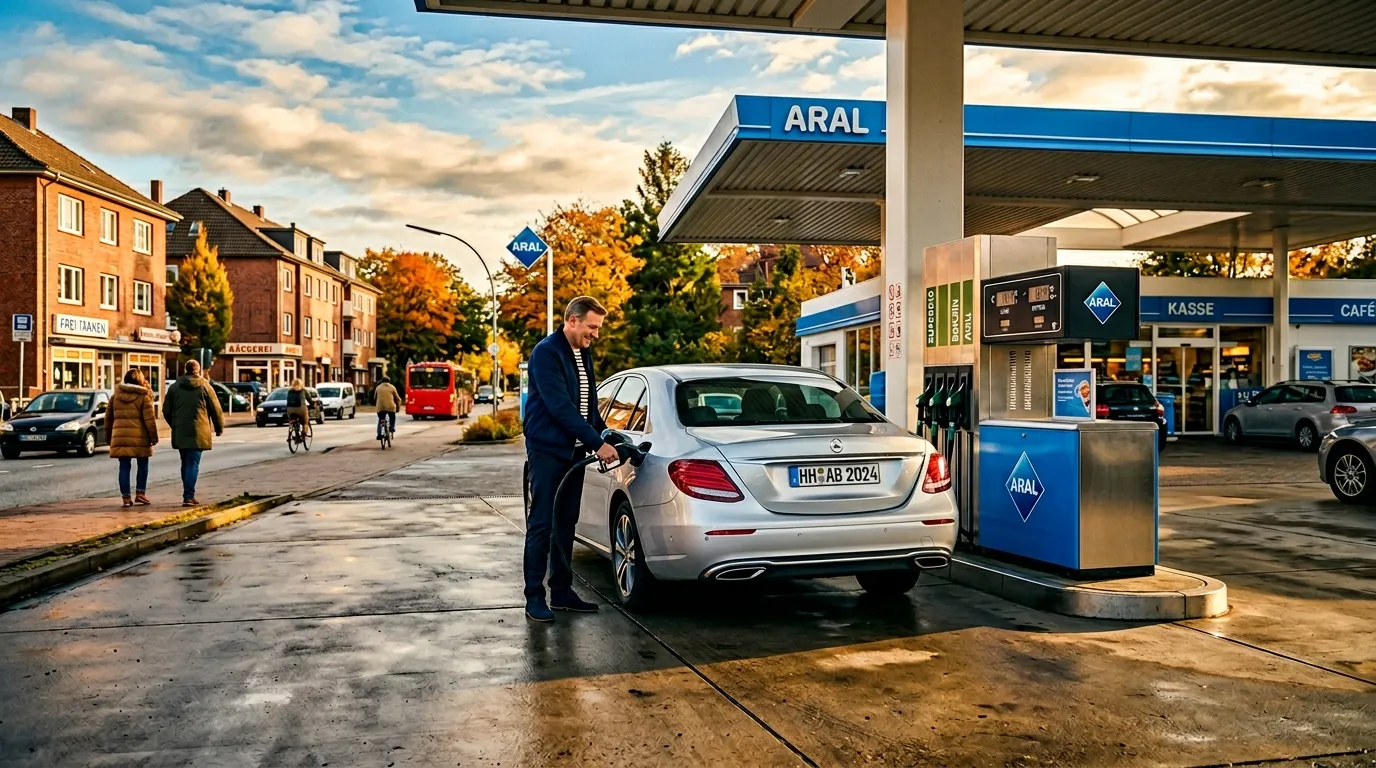 Mann lädt Elektroauto an Tankstelle auf
