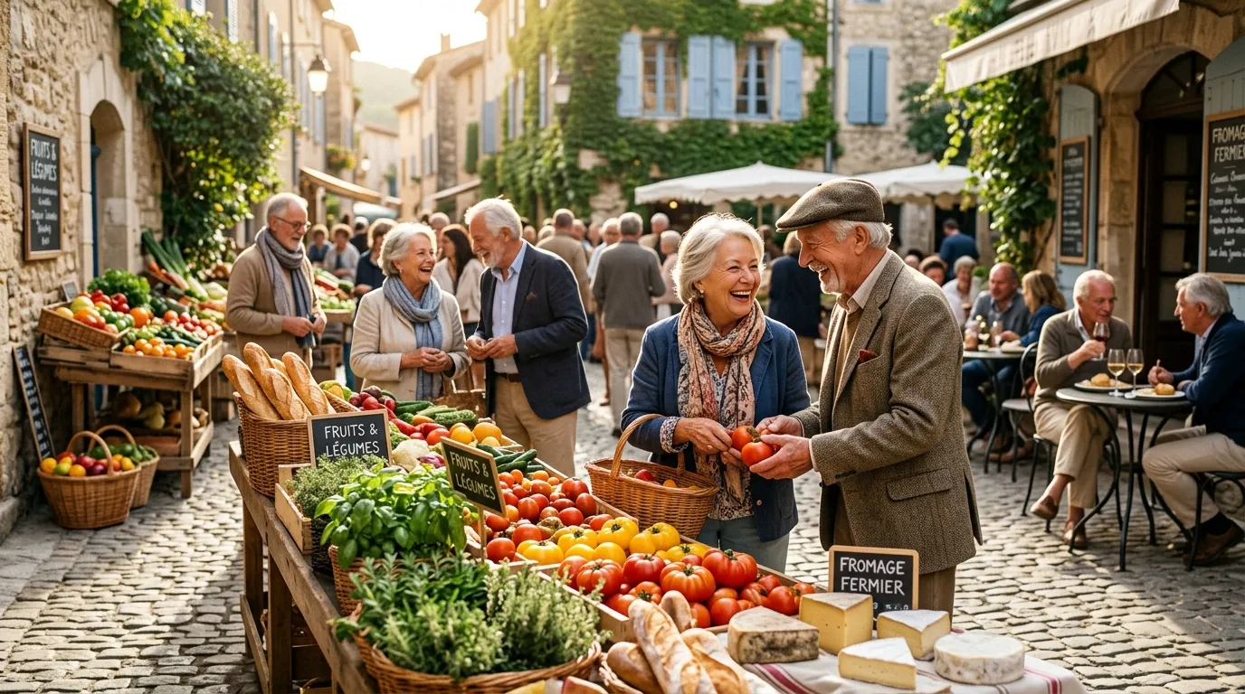 Ältere Menschen kaufen Gemüse auf französischem Dorfmarkt