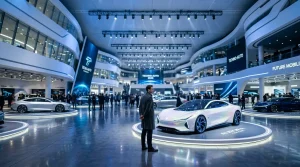 Moderner Ausstellungsraum mit weißem Elektroauto und Besuchern