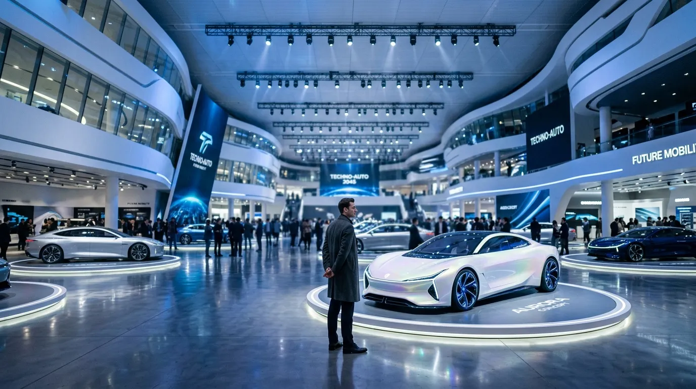 Moderner Ausstellungsraum mit weißem Elektroauto und Besuchern