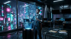 Geschäftsmann analysiert holografische Daten in Hightech-Kontrollzentrum