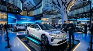 Moderne weiße Elektrofahrzeuge auf blau beleuchteter Automesse-Ausstellungsfläche